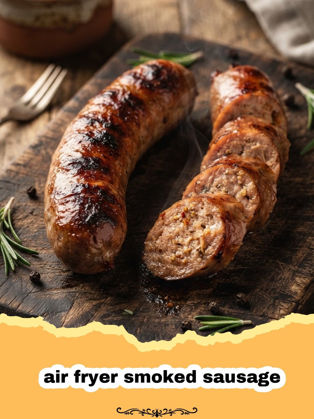 Golden brown air fryer smoked sausage links served on a simple plate, ready to eat.