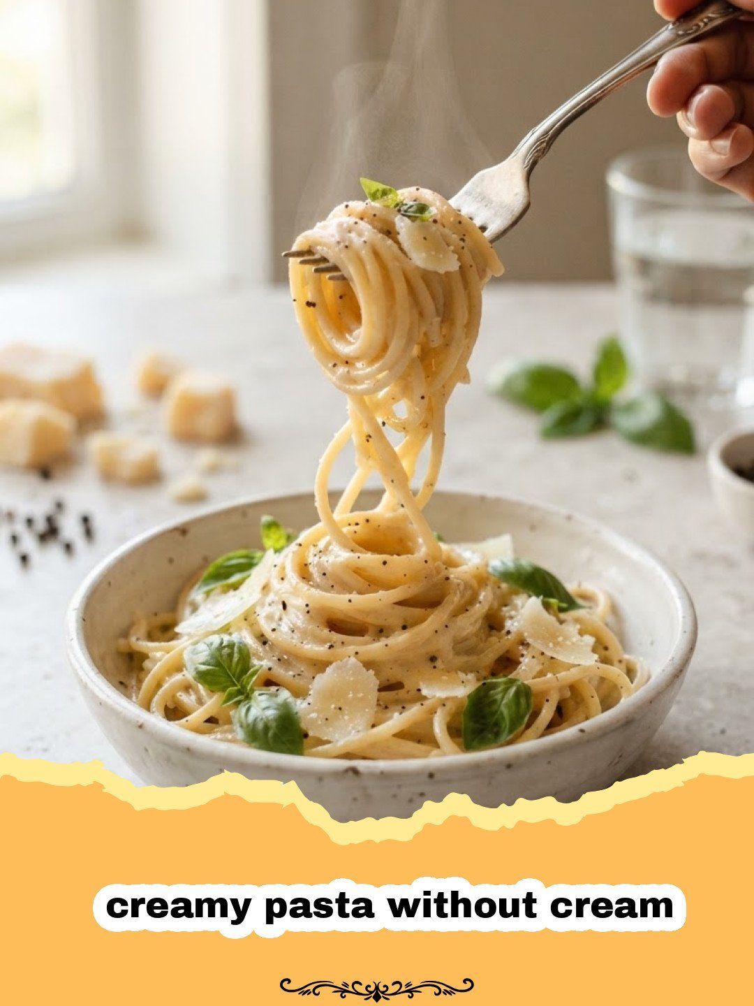 A bowl of creamy pasta without cream, garnished with fresh basil leaves and a sprinkle of black pepper.
