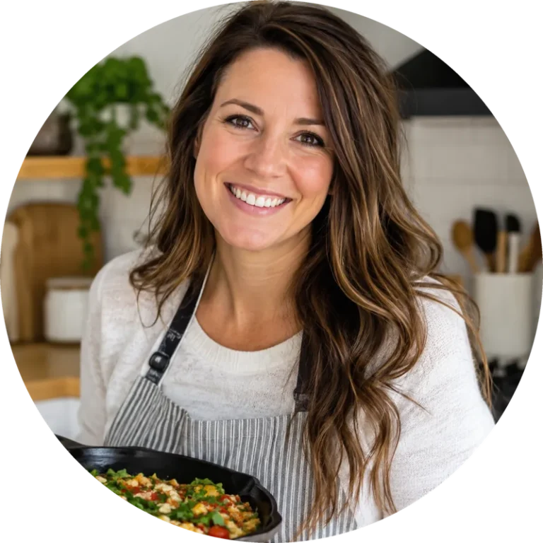 Emily Carter smiling in her kitchen, holding a cast-iron skillet of vegetables