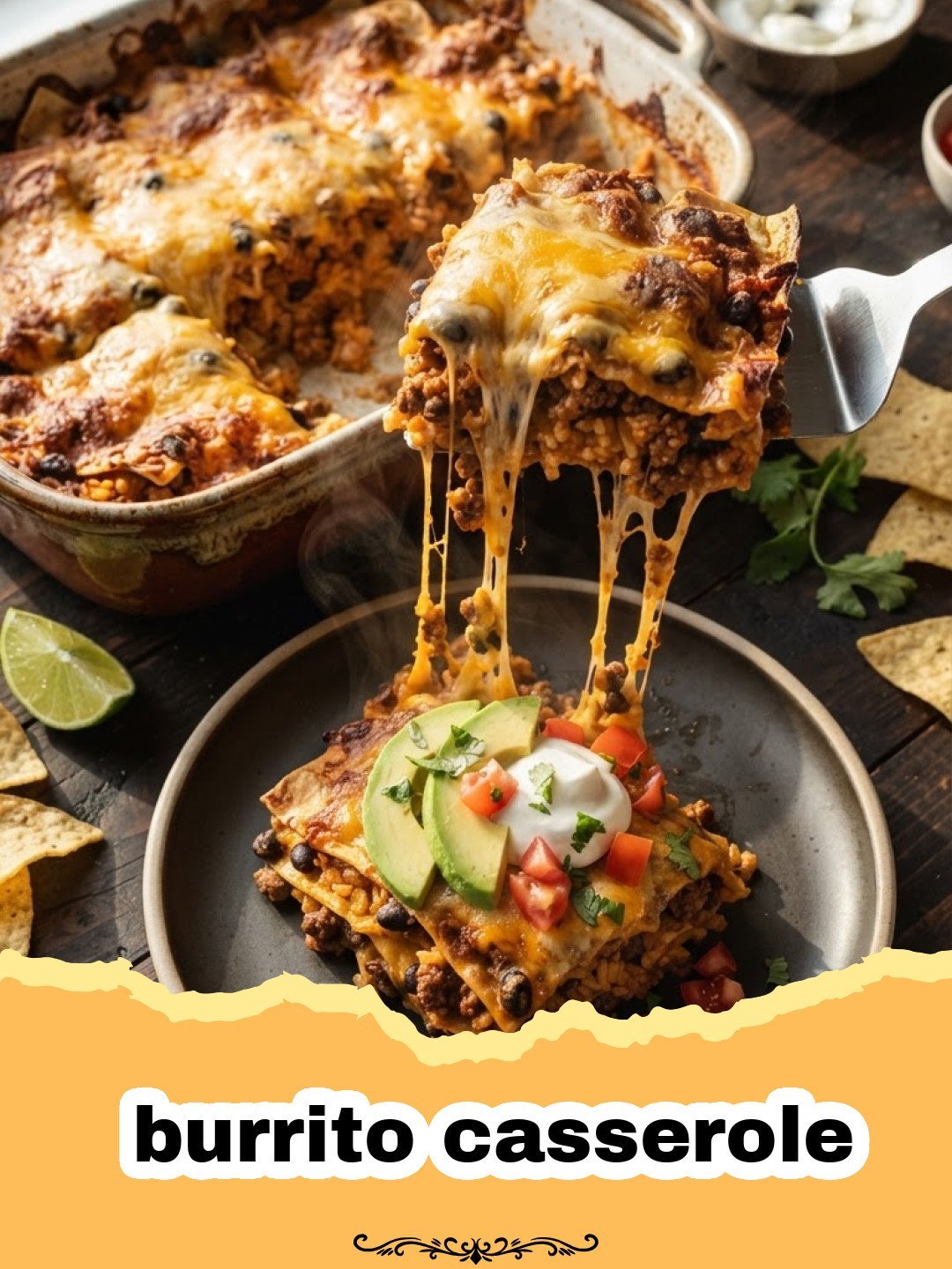 A delicious, cheesy burrito casserole baked in a 9x13 dish, ready to be served.