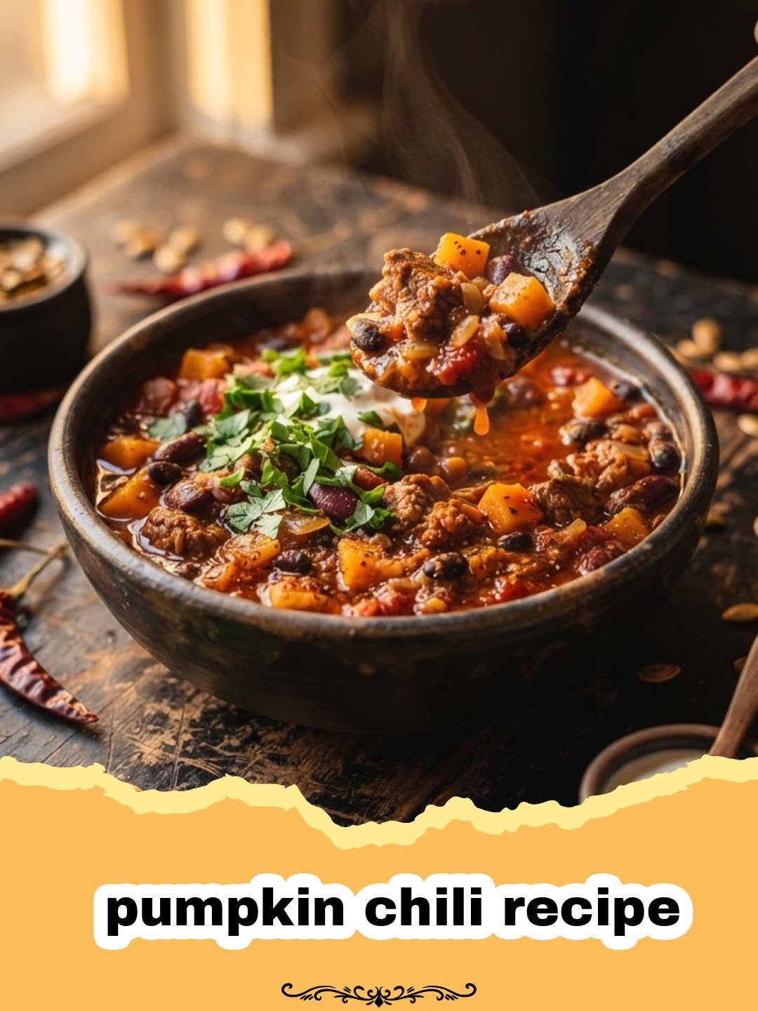 A cozy bowl of hearty pumpkin chili garnished with fresh cilantro, a spoon, and a side of cornbread.