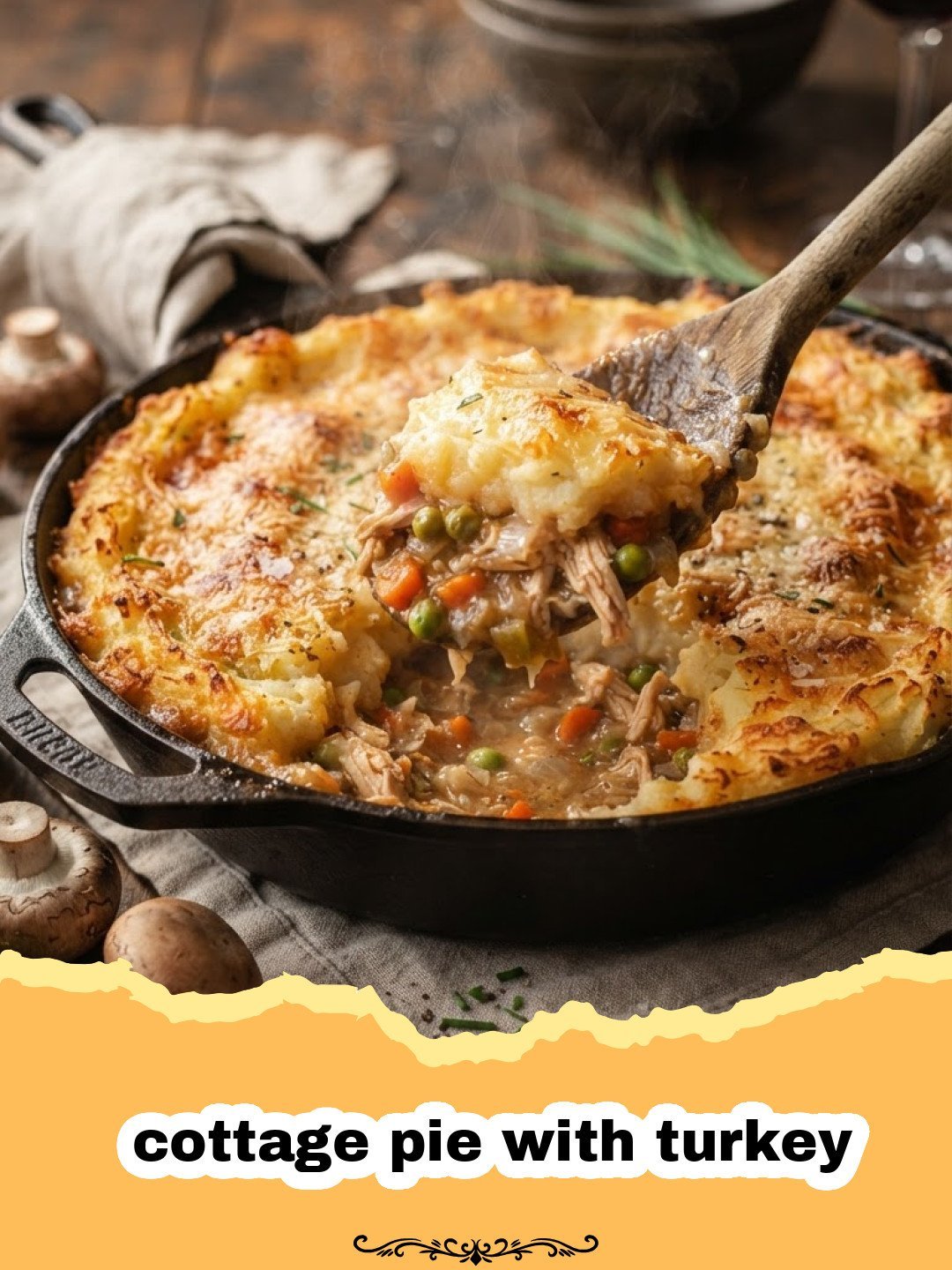 Golden brown turkey cottage pie in a baking dish, with a scoop removed showing the savory turkey and vegetable filling underneath the creamy mashed potato topping.