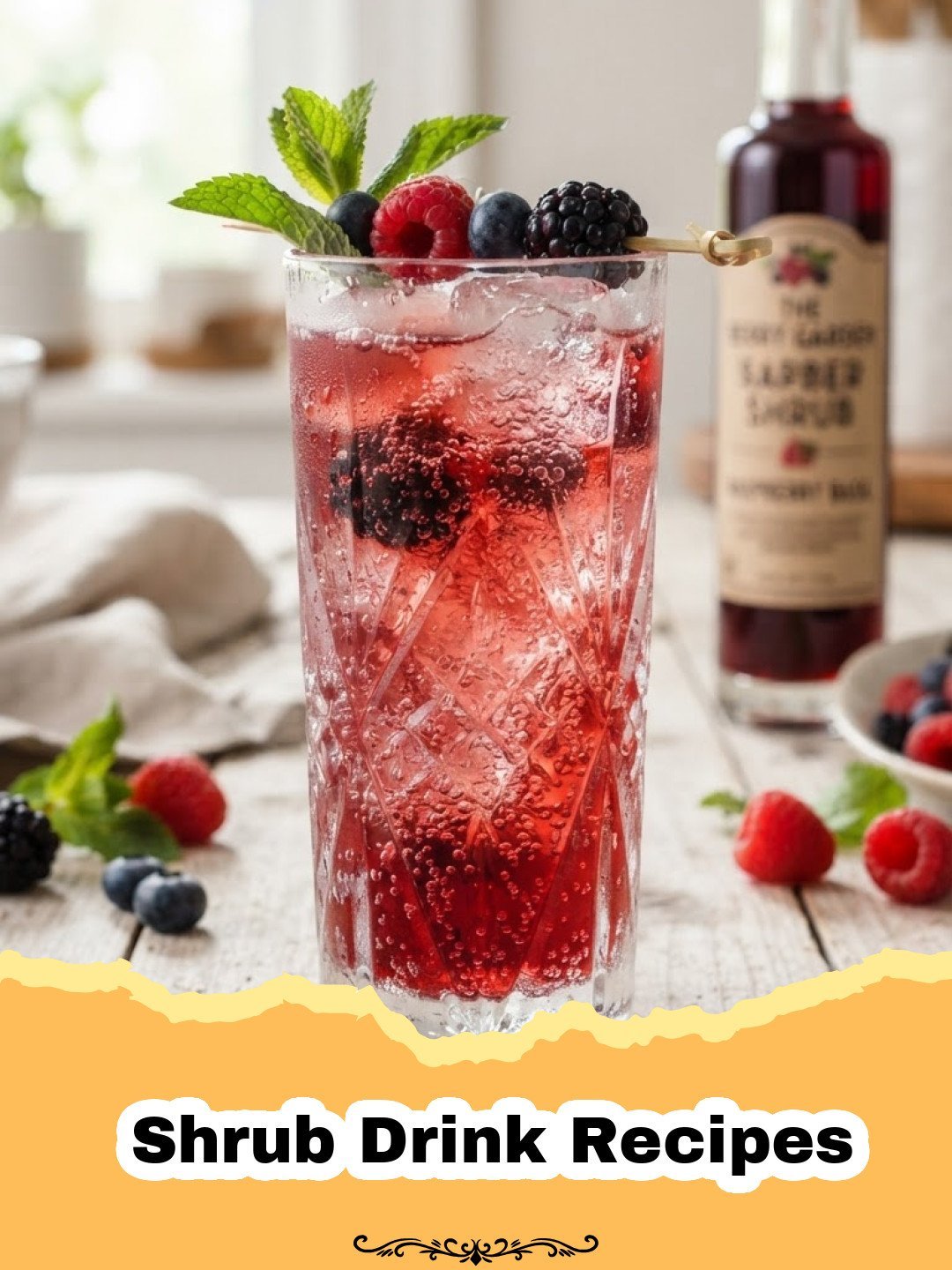 A glass of sparkling berry shrub drink with fresh berries and a mint sprig, showing its vibrant color.