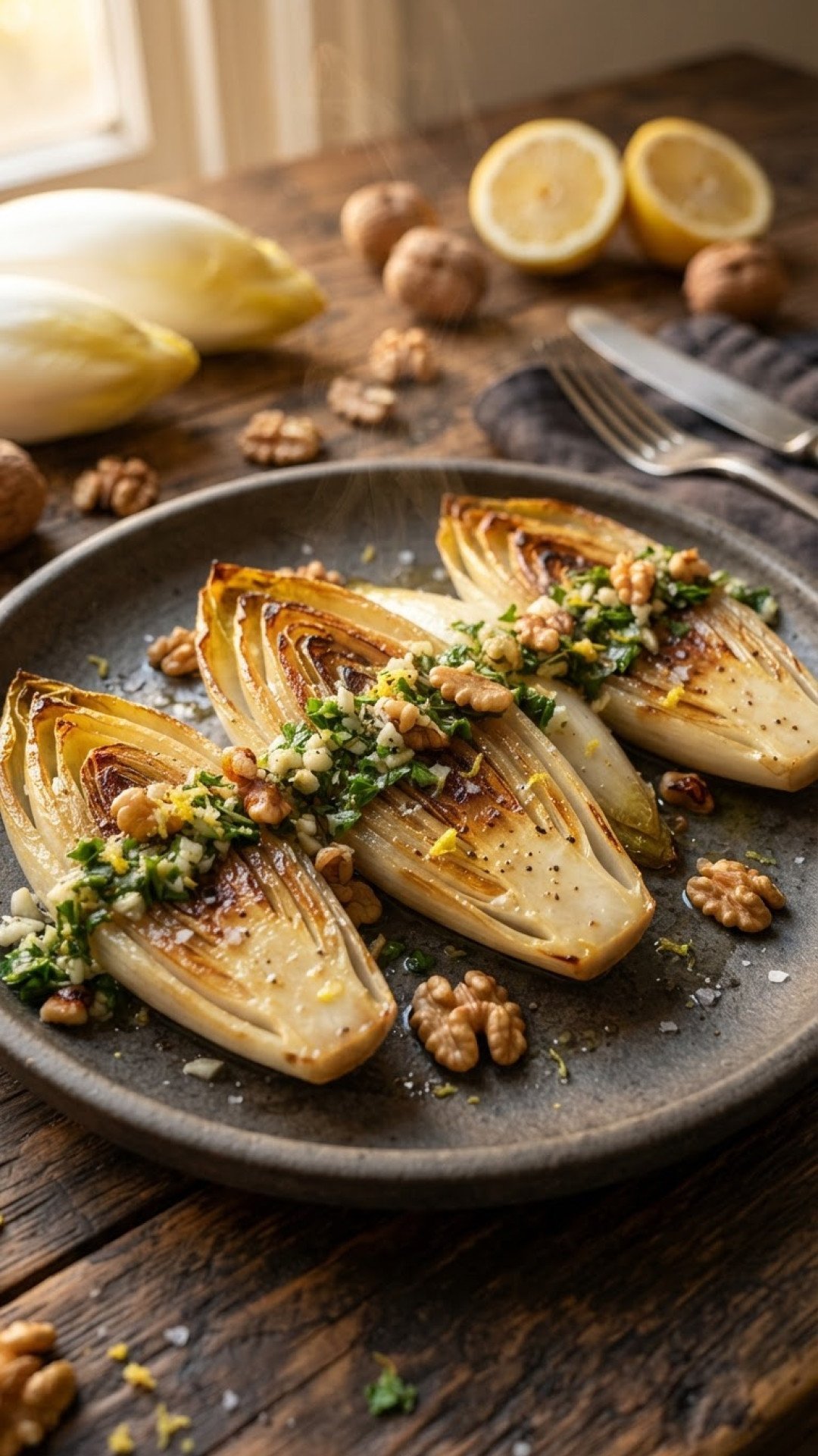 Seared Endive with Walnut Gremolata Preparation