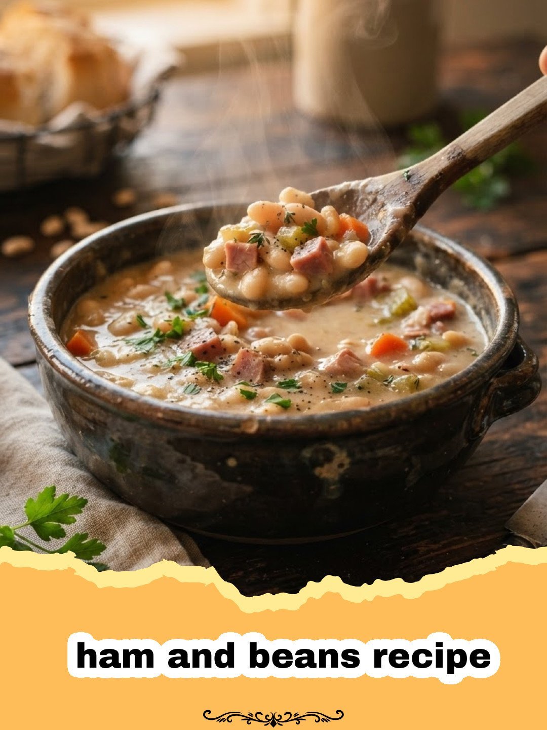 A hearty bowl of slow cooker ham and beans, garnished with fresh parsley, with a spoon resting in the bowl.
